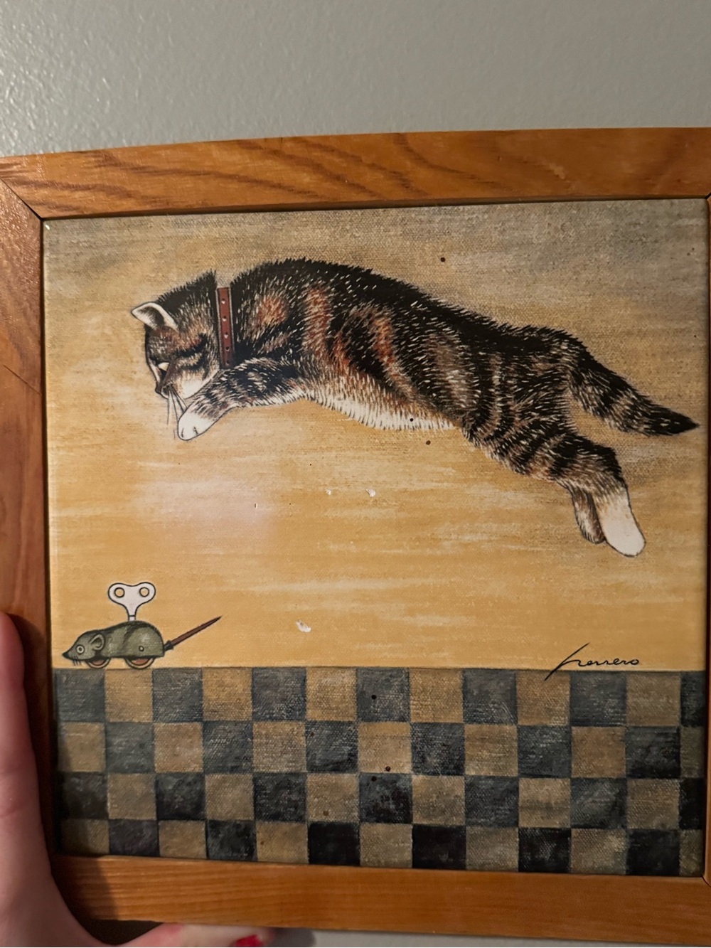 Vintage 1982 Lowell Herrero Framed Tile Art Cat Pouncing On Mouse - Picture 3 of 7